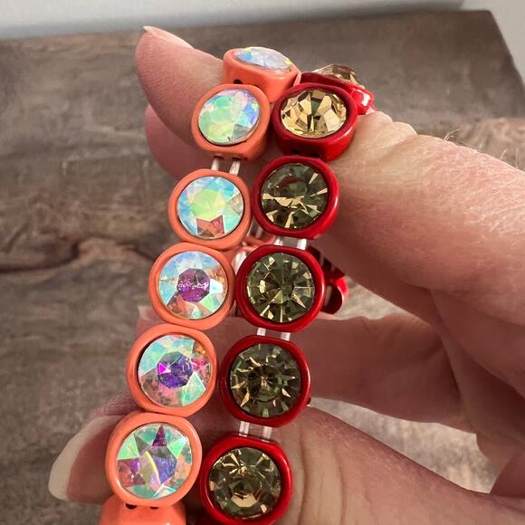 New Multicolor iridescent large rhinestone stretch bracelets - coral and red - Picture 5 of 5